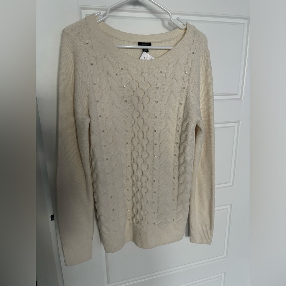NWT Ann Taylor Factory Cream Cable Knit Scoop Neck Sweater Pearl Embellishments